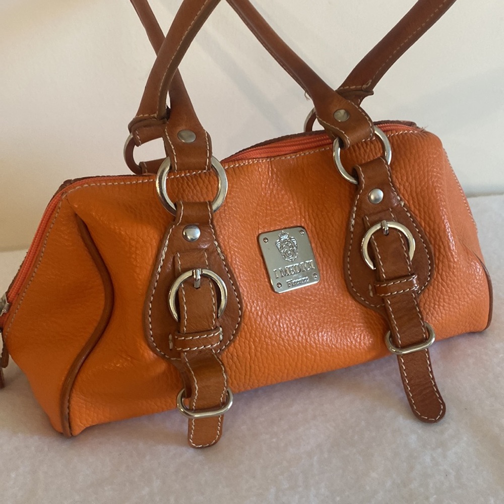 Orange Mini Leather Satchel Bag with Brown Trim - Picture 3 of 9